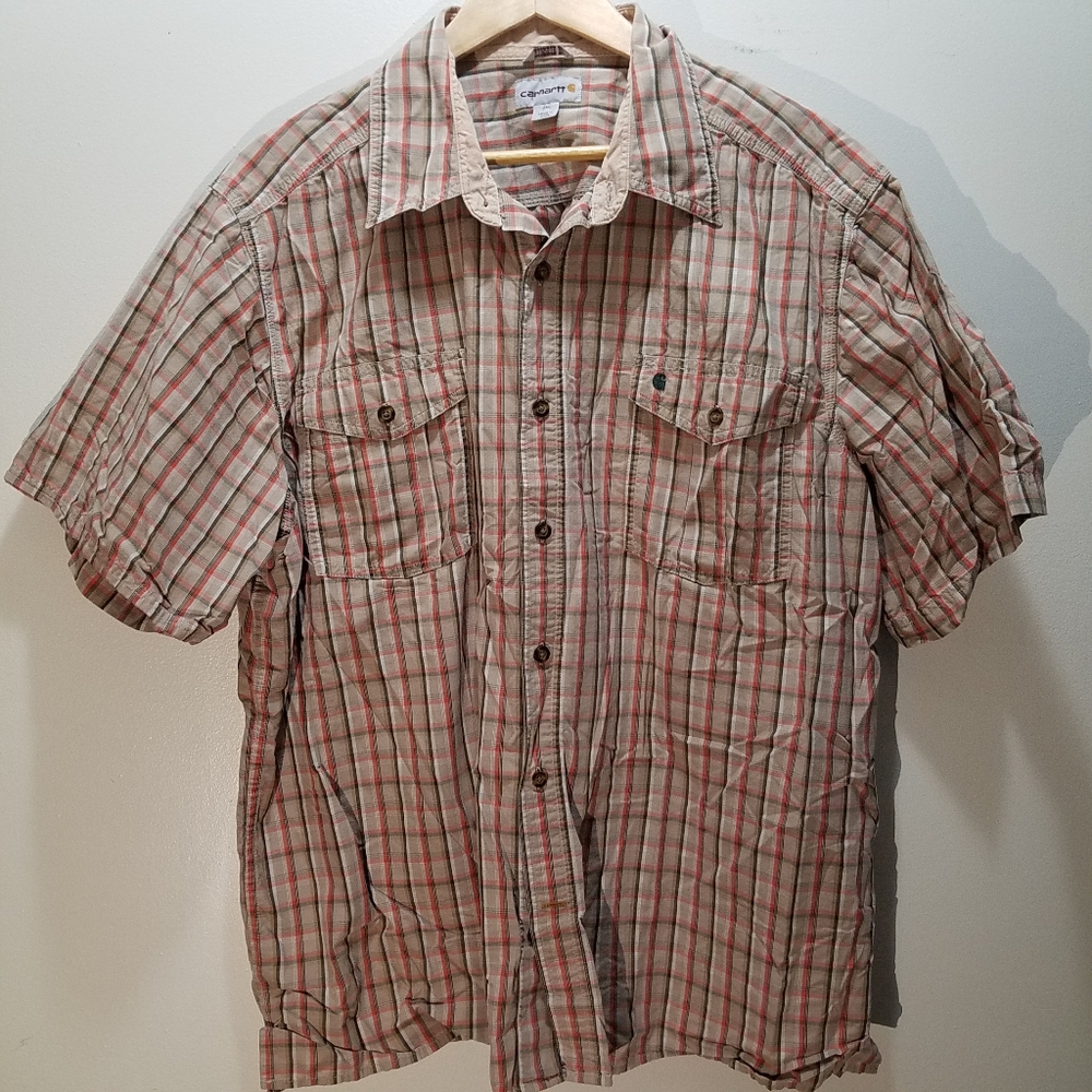 Carhartt Men's 2XL Casual Button Up Shirt Brown Tan Orange Plaid Relaxed Fit